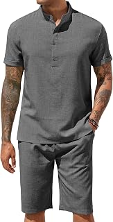 COOFANDY Men's 2 Pieces Set Short Sleeve Henley Shirts and Shorts Set Texture Summer Beach Vacation Outfits