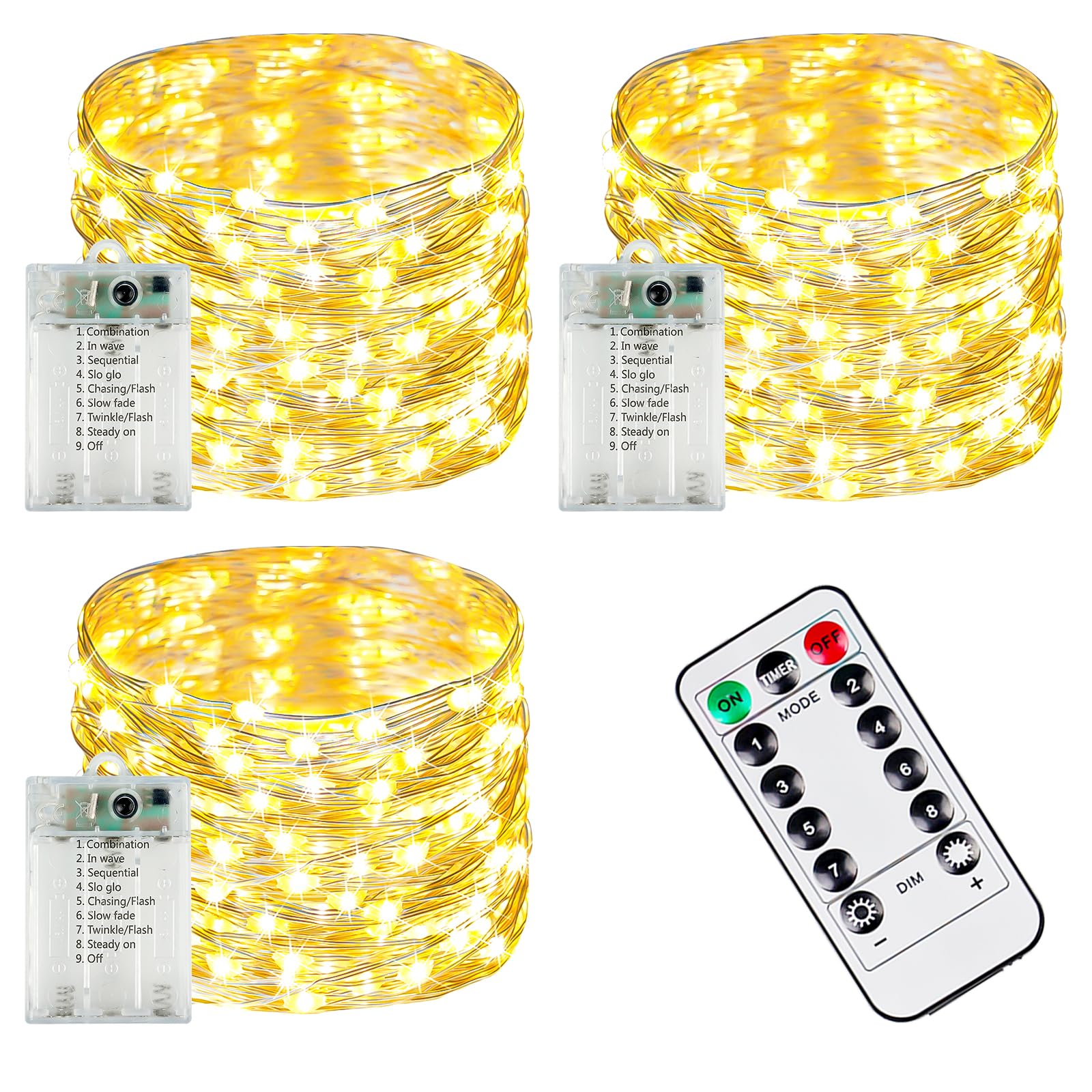 3 PK 78FT 240LED Fairy Lights Battery Operated with Timer Remote Warm White
