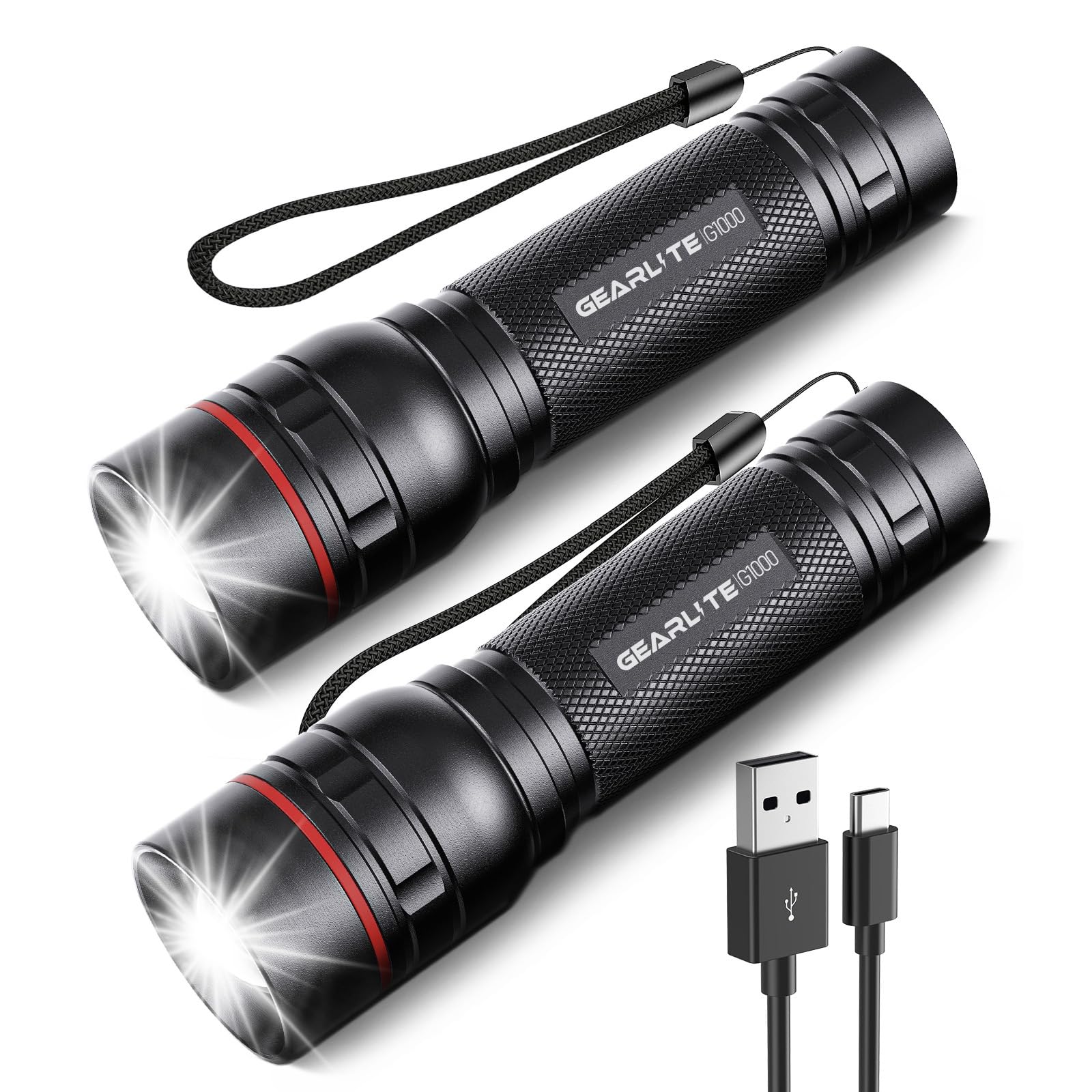 LED Torch Rechargeable 2 Pack, 2000LM Super Bright Adjustable Focus Torches | 3 