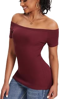 ASAIR off Shoulder Short Sleeve Tops for Women Boat Neck T Shirts Ribbed Basic Trendy Stretchy Tshirts