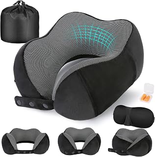 Cirorld Travel Pillow for Airplane, Neck Pillow for Travel, Memory Foam Travel Neck Pillow for Adults, Adjustable & Compact Flight Pillow, Ergonomic Neck Cushion, With Ear Plugs, Eye Mask, Carry Bag