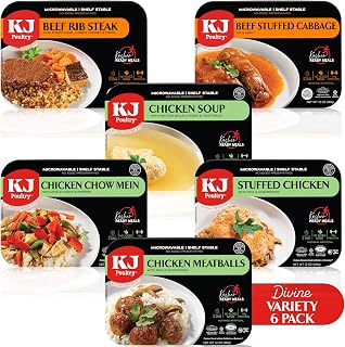 KJ Poultry Kosher Ready Meals - (6 Pack Divine Variety - Beef & Chicken) Prepared Entree Fully Cooked, Shelf Stable Microwave Dinner Travel Military Camping Emergency Survival Protein