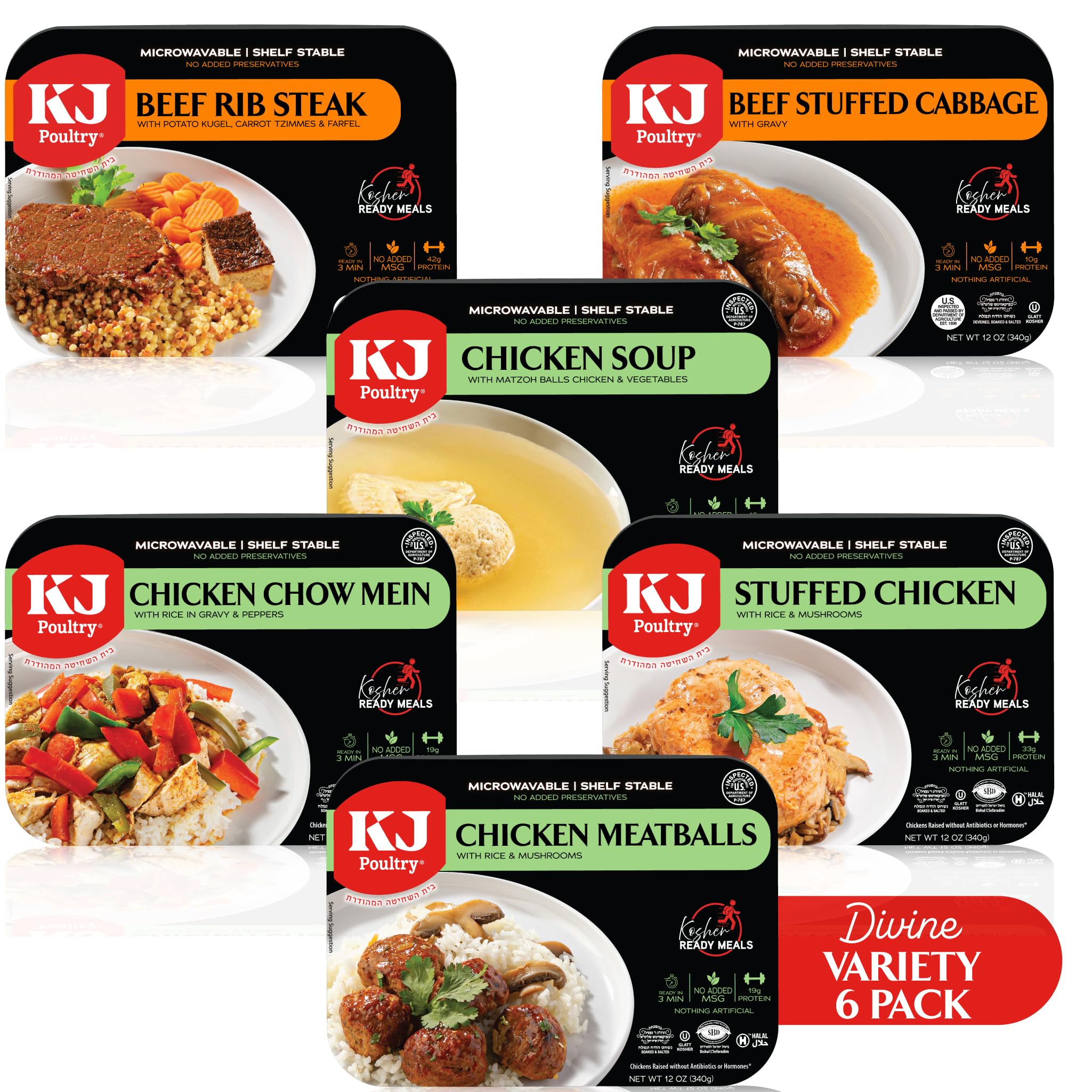 KJ Poultry Kosher Ready Meals - (6 Pack Divine Variety - Beef & Chicken) Prepare