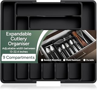 Zuvo Large Expanding Drawer Organizer Cutlery Holder Black Plastic Kitchen Utensil Organizer Perfect for Plastic Drawers Large Cutlery Drawer Organizer