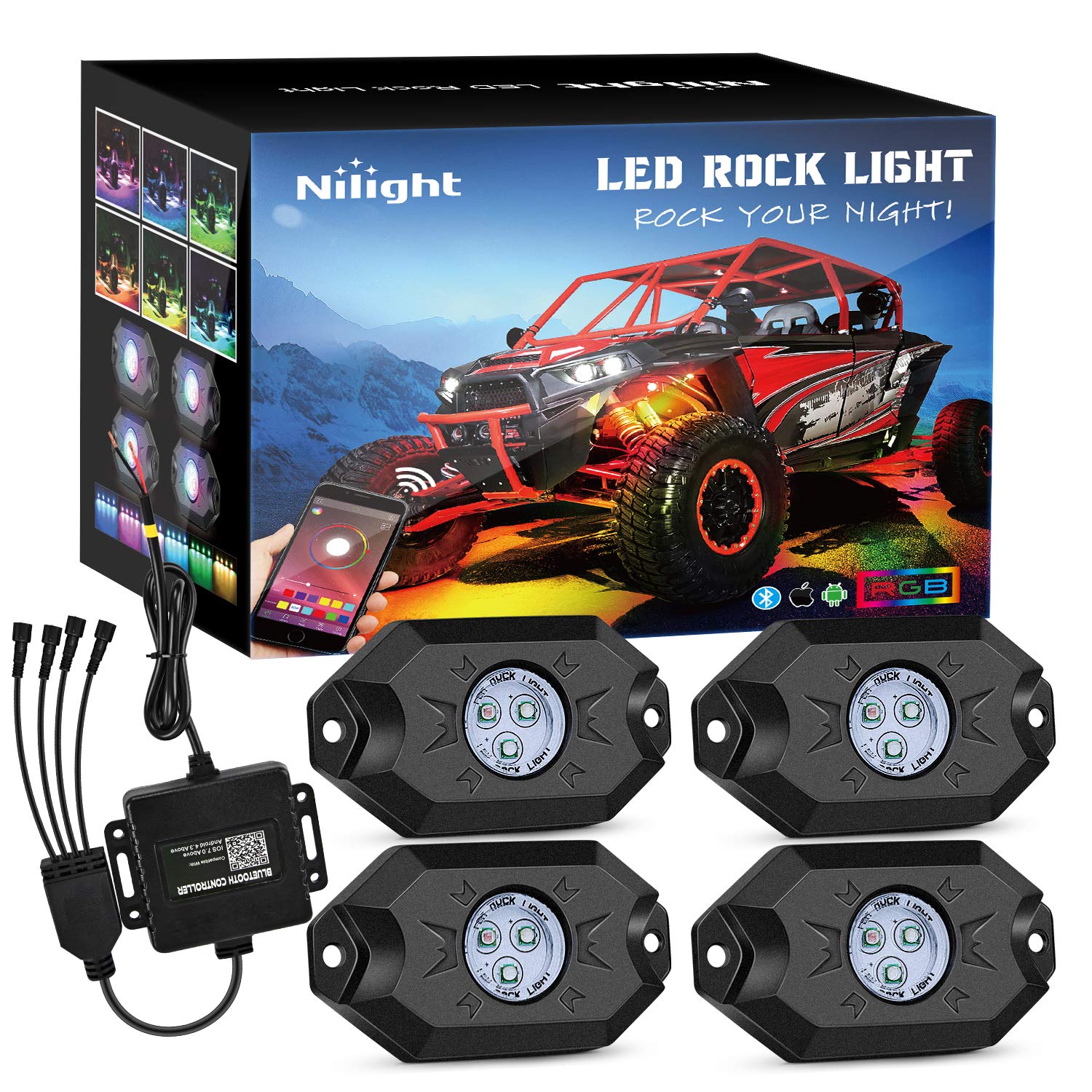 Nilight RGB LED Rock Lights Kit, 4 pods Underglow Multicolor Neon Light Pod with