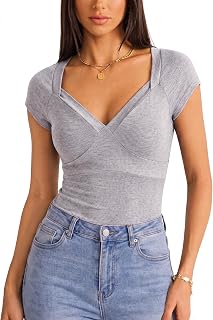 EMMIOL T-shirt sexy con scollo a V per le donne - Manica corta Slim Fit Bow Bandage Cute Crop Top Y2k 2026 Estate Uscire Vestiti