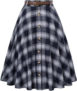 Belle Poque Women's Plaid A-line Skirt Vintage Pleated Flared Midi Skirts Fall Winter Skirts with Pockets & Belts