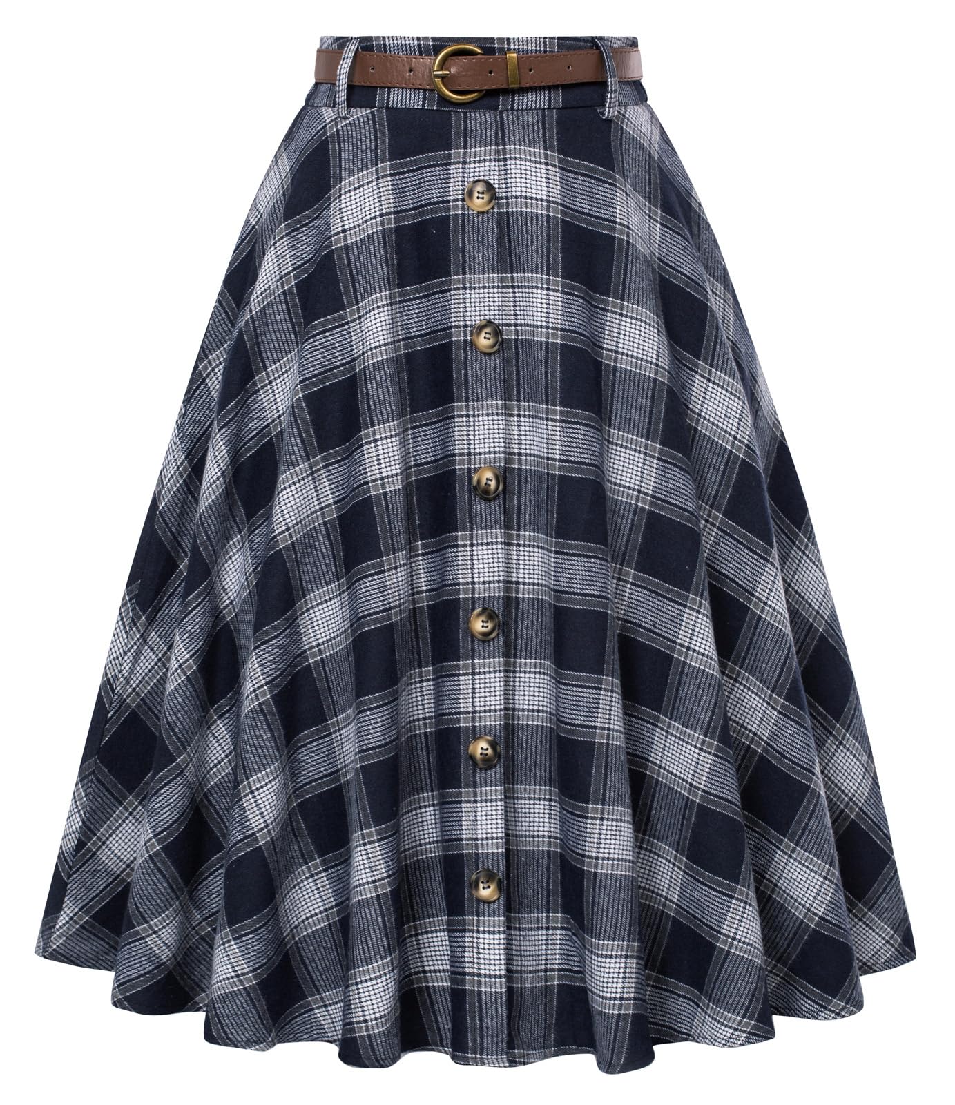 Belle Poque Women's Plaid A-line Skirt Vintage Pleated Flared Midi Skirts Fall W