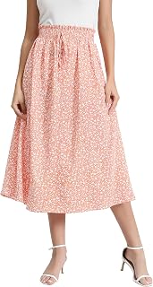 Women's Elastic Waist Skirt Floral Casual Skirt with Pockets in Spring Summer and Autumn