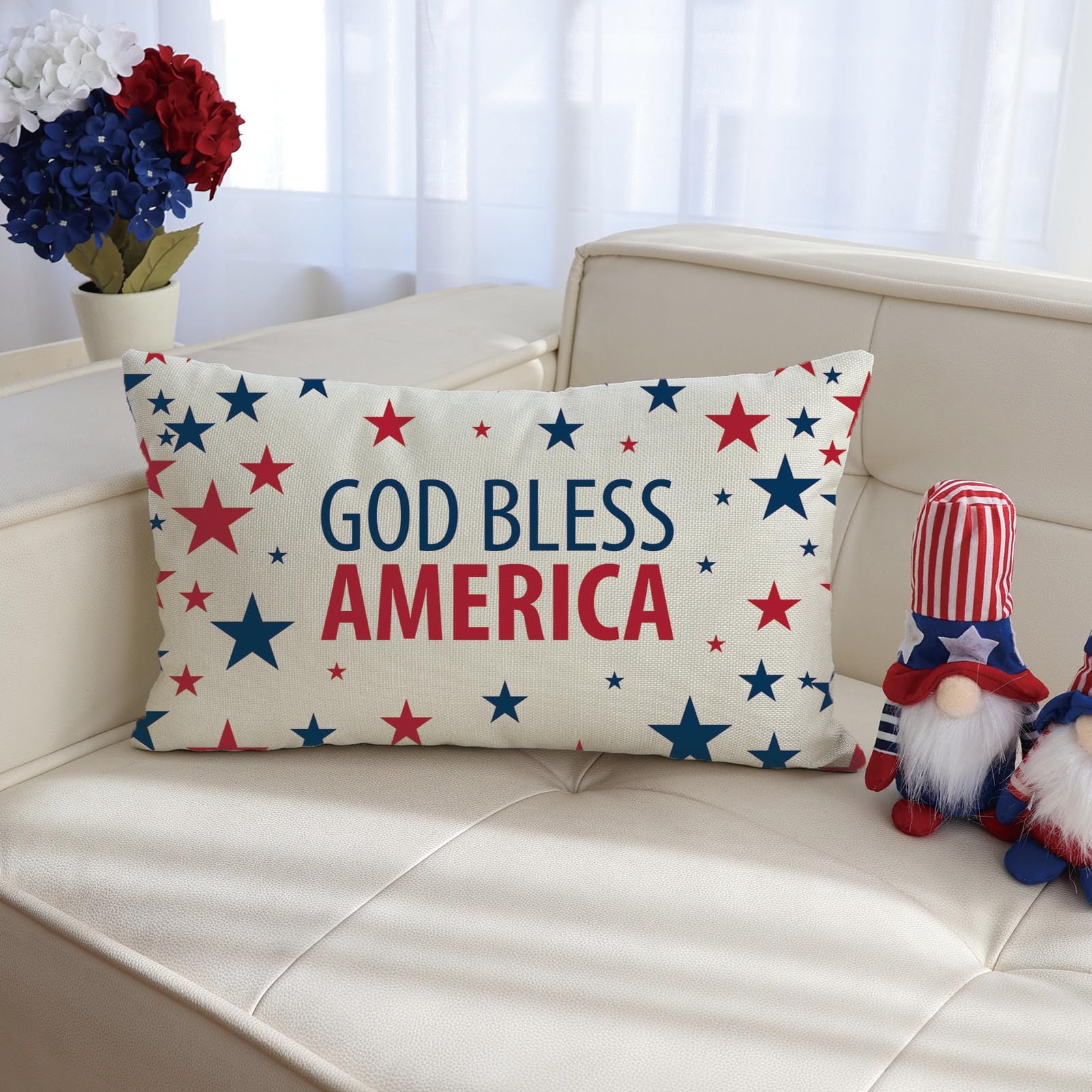 God Bless America Patriotic Throw Pillow Cover, 12 x 20 Inch Red Blue Star 4th o