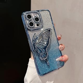 Luxury Glitter Case for iPhone 16 Pro MAX Bling Butterfly Diamond Clear Shockproof Protective Case for Women Blue