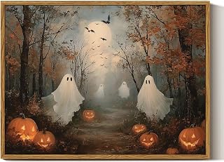InSimSea Vintage Halloween Ghost Wall Art, Fall Pumpkin Decor, Framed | Autumn Landscape Picture, 16x12in, Small Paintings, Bedroom Kitchen Bathroom Shelf Decoration Indoor