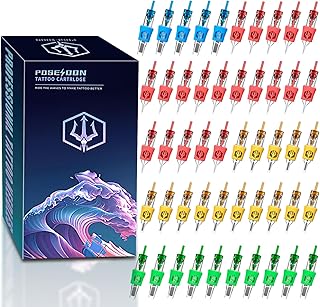 Poseidon 50 Pcs Tattoo Cartridge Needles Mixed Size Shader Magnum Curve/.Round Mag #12 3RL 5RL 7RL 9RL 9RL 5RS 7RS 9RS 7RM 9RM 9M1 Disposable Membrane