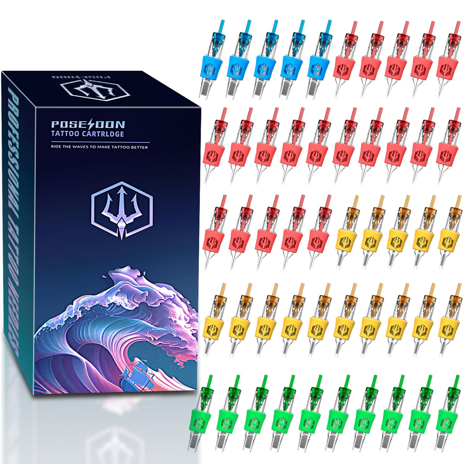 Poseidon 50 Pcs Tattoo Cartridge Needles Mixed Size Shader Magnum Curve/.Round M