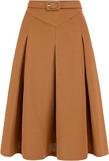 Allegra K Women Office Work Belted Waist Midi A-Line Pleated Skirt