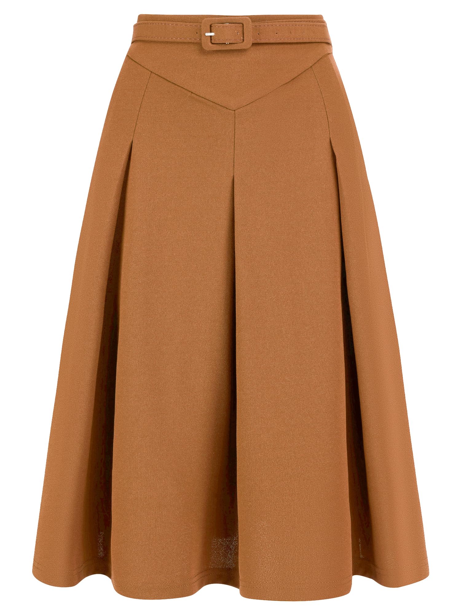 Allegra K Women Office Work Belted Waist Midi A-Line Pleated Skirt