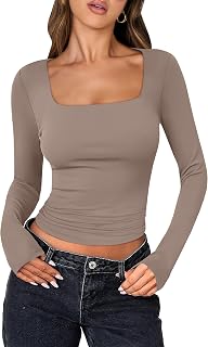 ANRABESS Women Double Lined Long Sleeve Crop Tops Shirts Square Neck Tight Fitted Going Out T-Shirt Basic Tee Outfits 2026