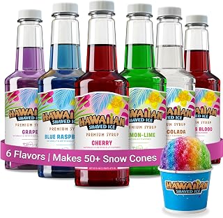Hawaiian Shaved Ice 6 Syrup Assortment - Cherry, Grape, Blue Raspberry, Tiger's Blood, Lemon-Lime, Pina Colada - 50+ Servings - No Refrigeration - 16 oz bottles