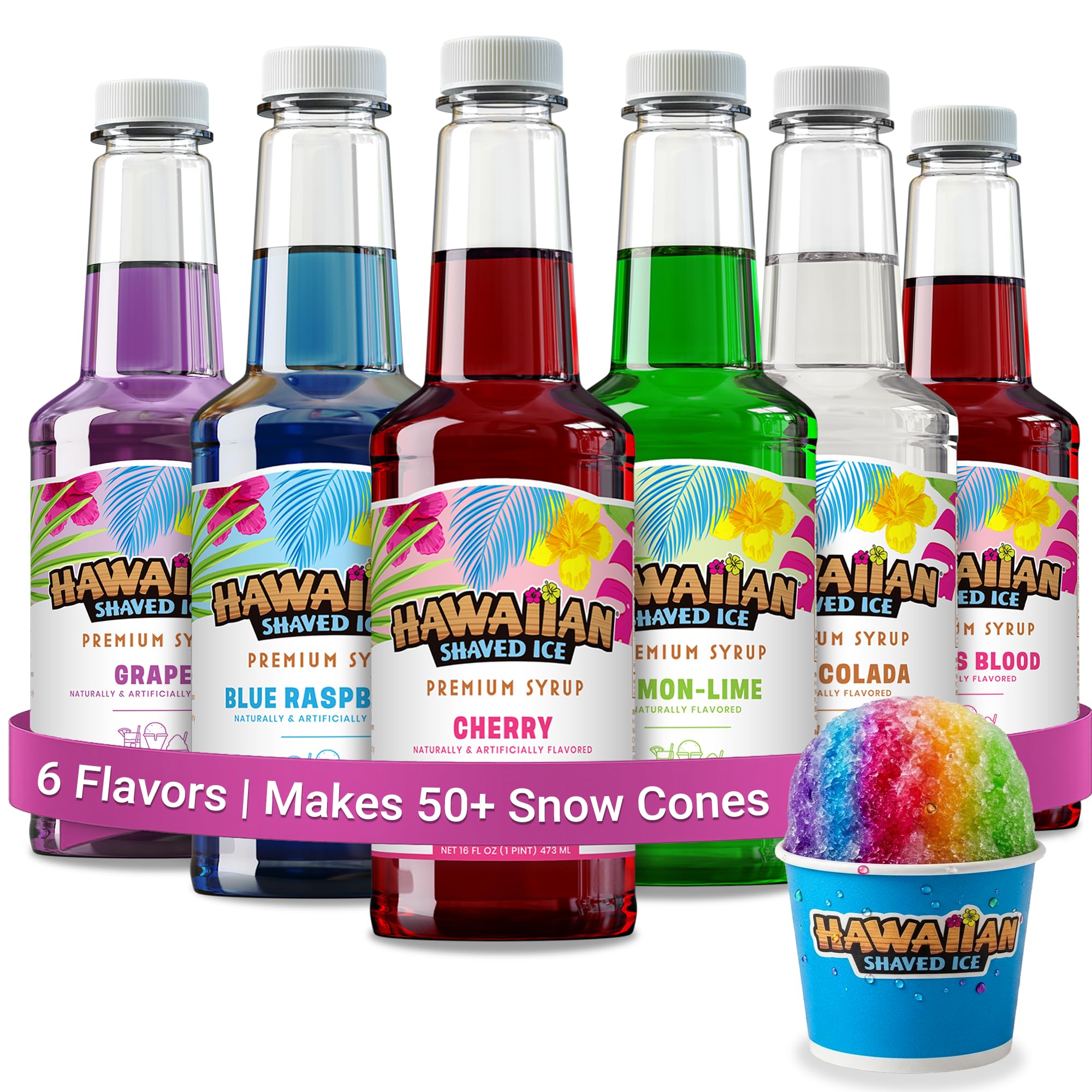Hawaiian Shaved Ice 6 Syrup Assortment - Cherry, Grape, Blue Raspberry, Tiger's 