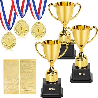 FACULX 6PCS Trophy and Medal Set,Medals with Red White Blue Neck Ribbon | 7 Inch Gold Plastic Trophy with Alphabet Stickers,for Sports Tournaments,Competitions
