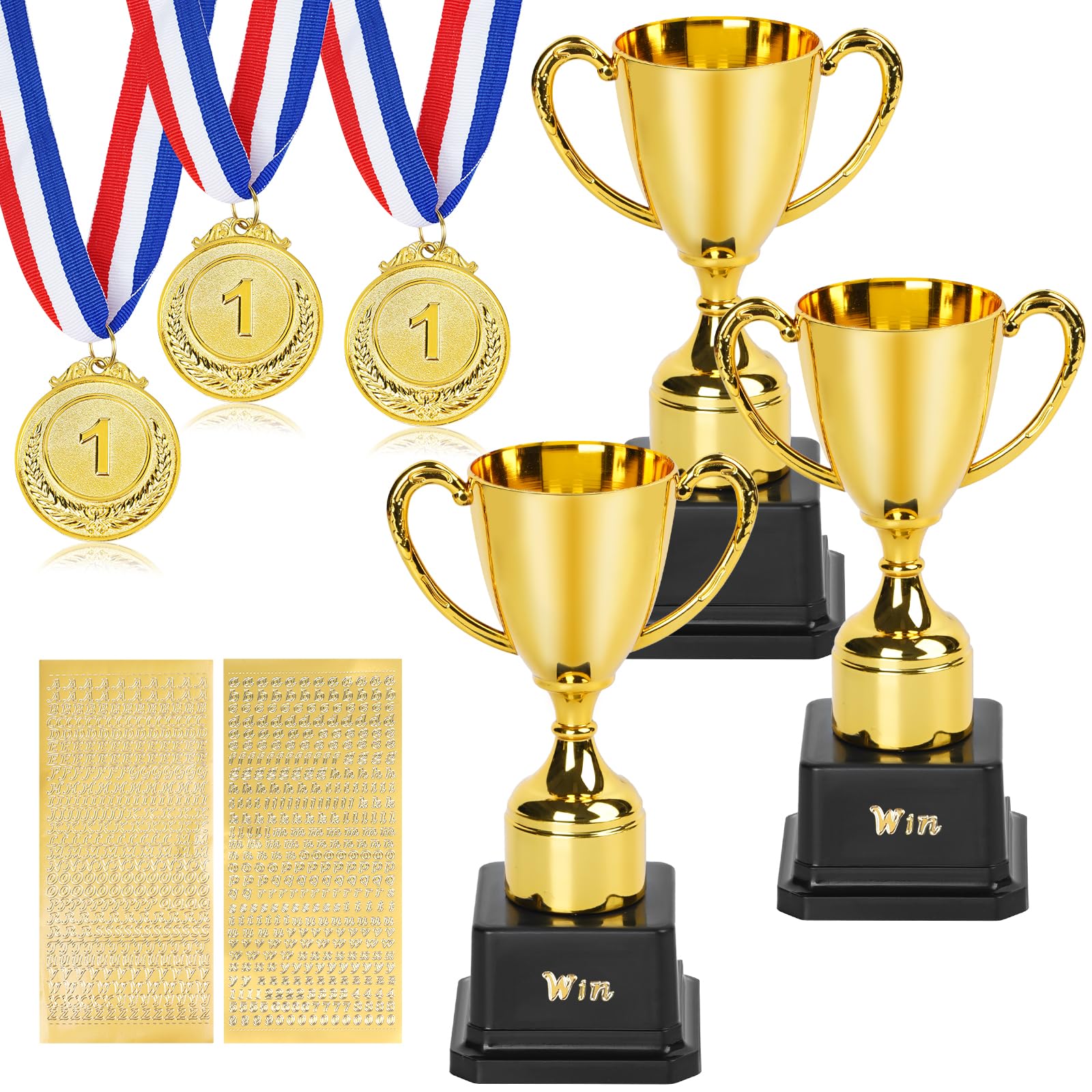 FACULX 6PCS Trophy and Medal Set,Medals with Red White Blue Neck Ribbon | 7 Inch