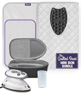 The Quilted Bear Premium Mini Iron and Portable Ironing Mat Bundle, Black | Small Dual Voltage Travel Steam Iron, Heat Resistant Ironing Mat, Silicone Iron Rest, Hardshell Case for Vacation & Quilting