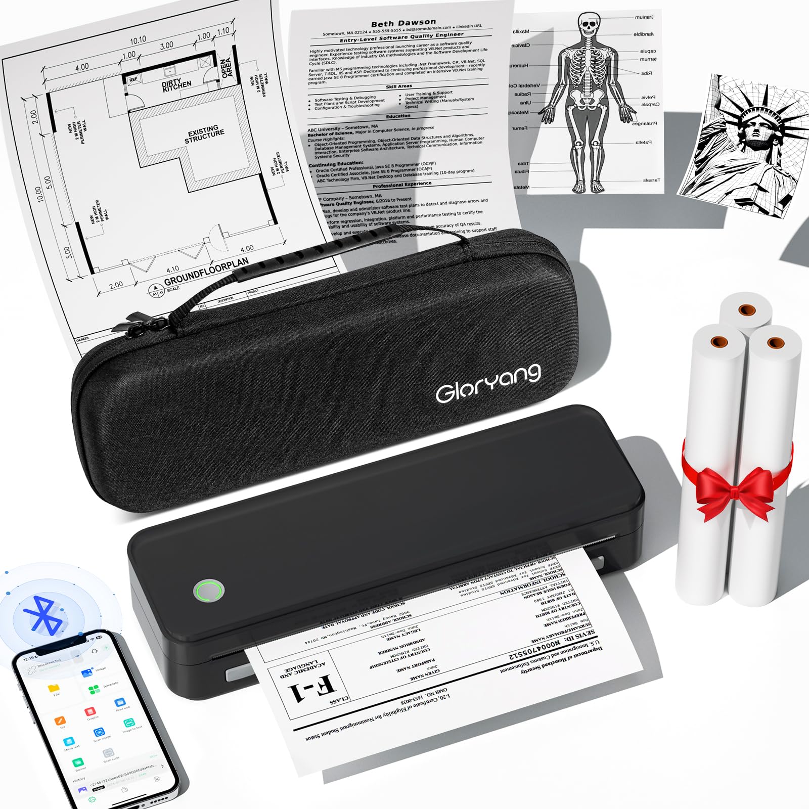 Gloryang Inkless Portable Printer for Travel, Wireless Thermal Printer Supports 
