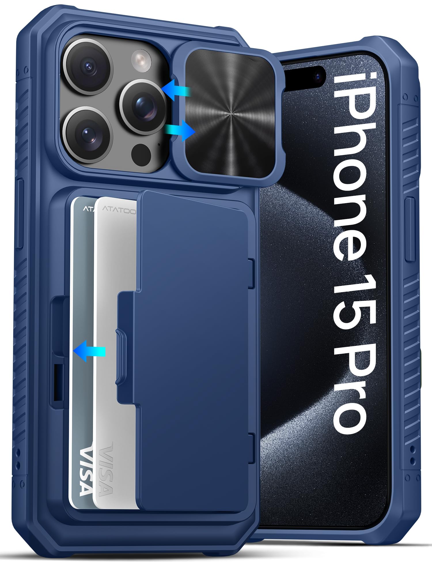 ATATOO for iPhone 15 Pro Wallet Case with Card Holder (3-5 Cards), Blue
