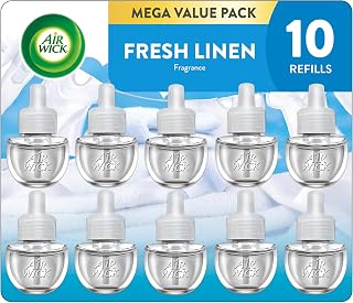 Air Wick Plug In Refills with Essential Oils, Fresh Linen, 10 count | A 10 count Fresh Linen pack of plug-in scented oil refills, infused with essential oils for Air Wick air fresheners.