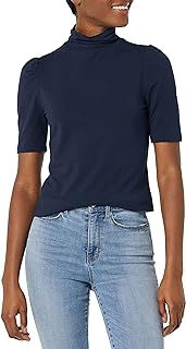 Amazon Essentials Women's Cotton Modal Draped Puff-Sleeved Turtleneck