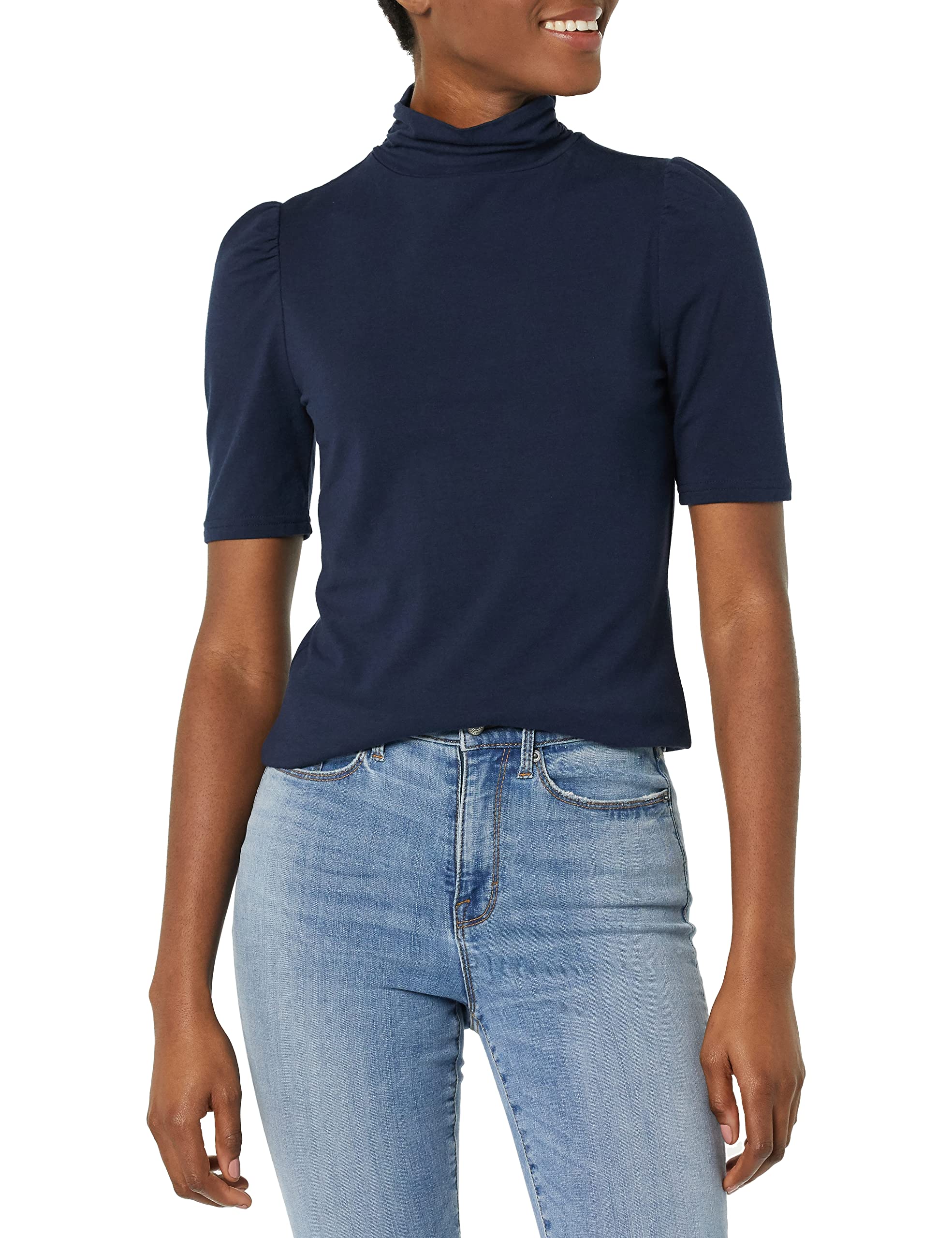 Amazon Essentials Women's Cotton Modal Draped Puff-Sleeved Turtleneck