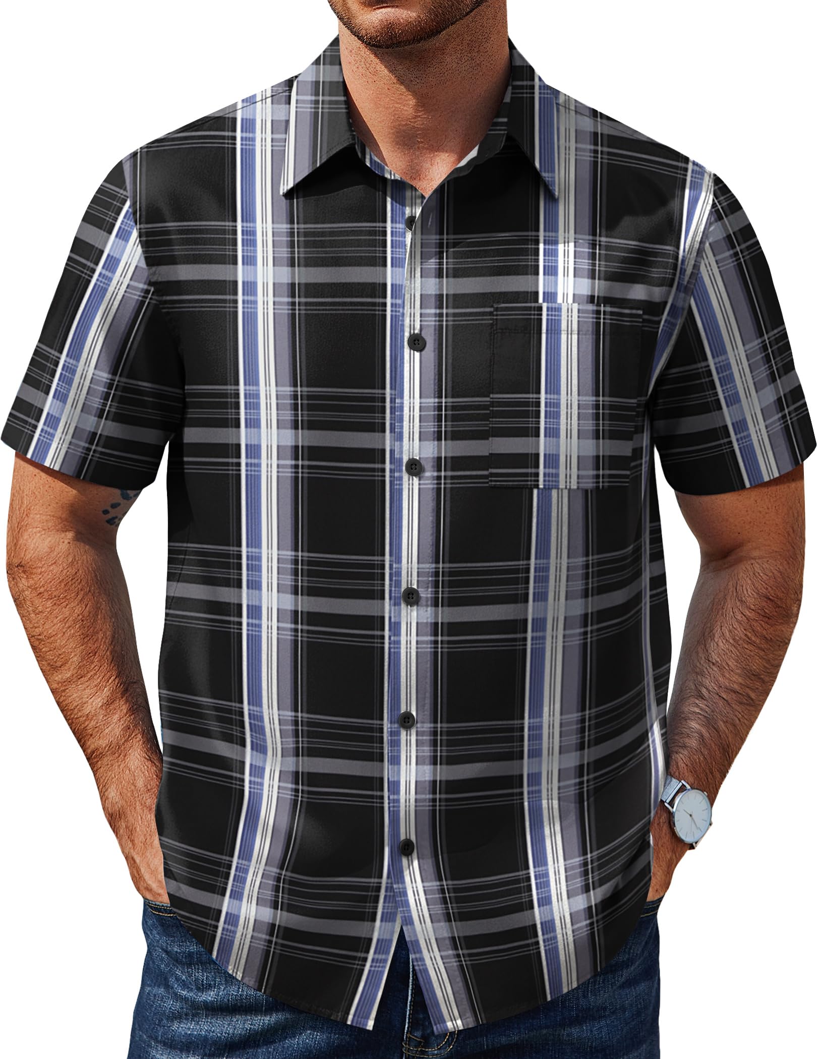 COOFANDY Mens Plaid Button Down Shirts Short Sleeve Casual Summer Shirt Wrinkle 