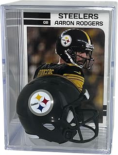 Aaron Rodgers Card with Pittsburgh Steelers Pocket Pro Size Football Helmet Shadow Box