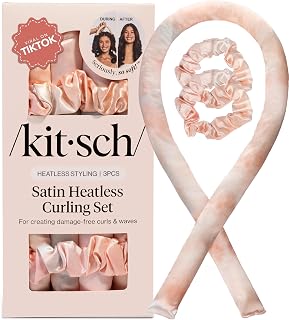 Kitsch Satin Heatless Curls Overnight Set - Sunset Tie Dye | No Heat Damage Overnight Curls | Comfortable Frizz Free Hair Curlers To Sleep In with 34" Hair Waver &amp; 2 Satin Scrunchies