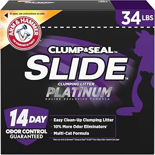 ARM & HAMMER Slide Platinum Easy Clean-Up Clumping Cat Litter, 34 lbs | 24/7 Odor Control, Triple-Action Freshness, Non-Stick, Low Tracking, Multi-Cat Formula, Scented, Online Only