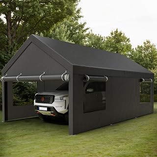 Shintenchi 12x20 FT Heavy-Duty Design Carport,Portable Garage Canopy,Carport Canopy with Side-Opening Removable Door & Roll-Up Window,Portable Car Port for Car, Truck, Boat,Grey