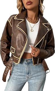 LY VAREY LIN Women Faux Leather Cropped Jacket Lapel Zipper Biker Short Coat with Belt