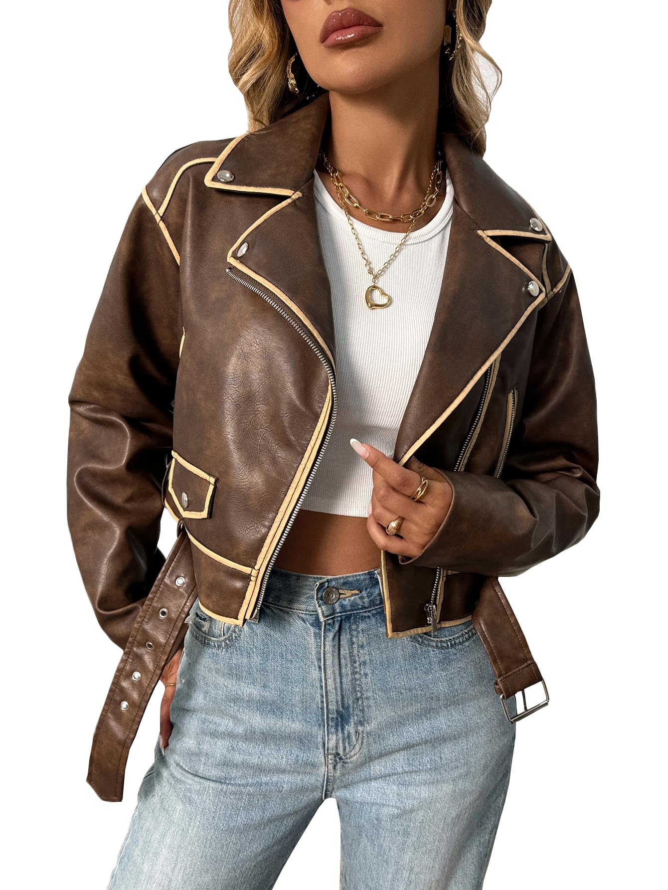 LY VAREY LIN Women Faux Leather Cropped Jacket Lapel Zipper Biker Short Coat wit