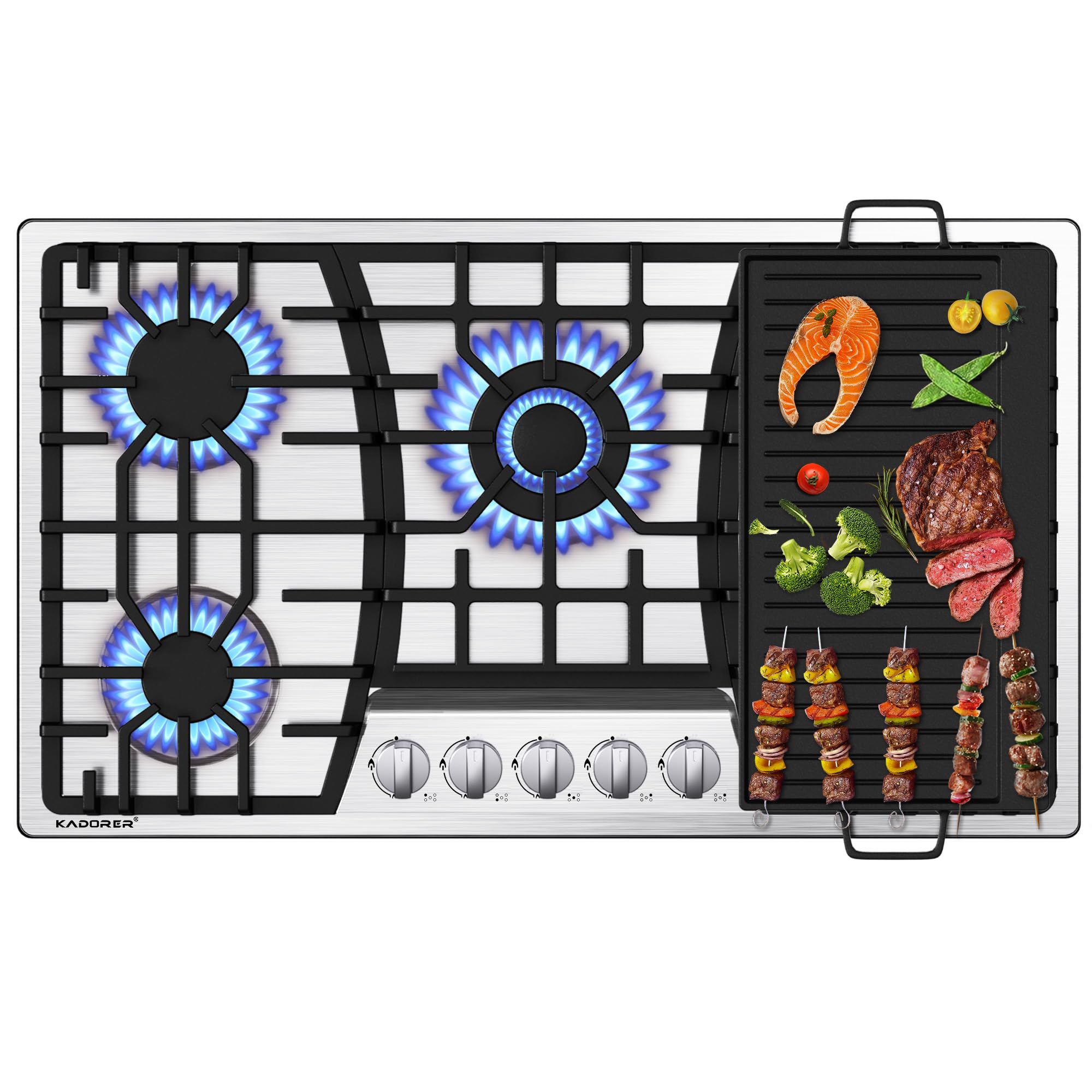36 inch Gas Cooktop with Griddle, Bulit-in Gas Stove Top with 5 Burner, NG/LPG C