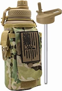 Iron Infidel Battle Bottle - 32 Oz Insulated Water Bottle with Straw Lid & Chug Cap, Stainless Steel Metal Tactical Flask With Rugged, Removable Sleeve for Keys & Phone or Wallet (OCP Camo 1 Liter)