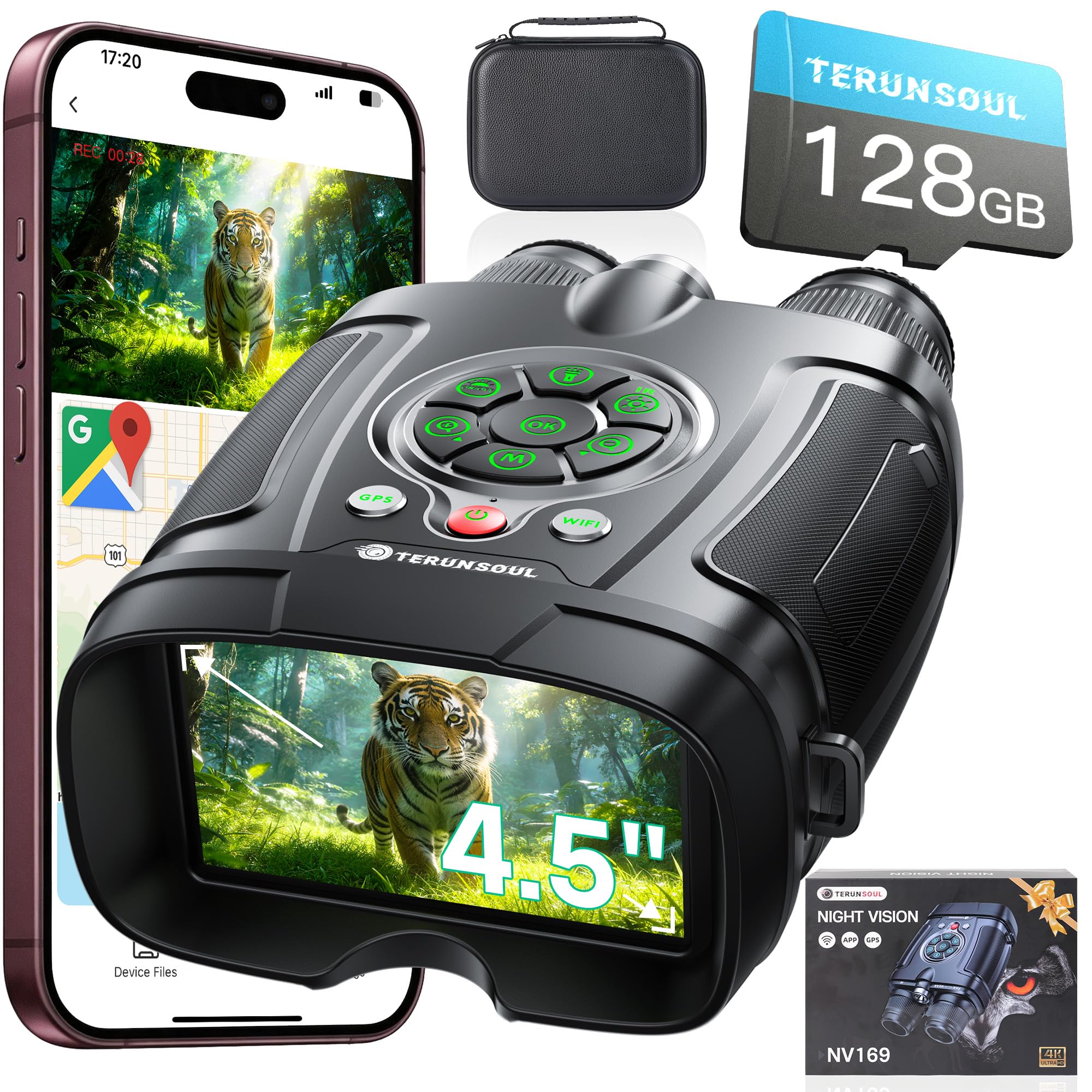4K Night Vision Goggles for Adults, 20000mAh Battery, 128GB TF Card, Black | WiF
