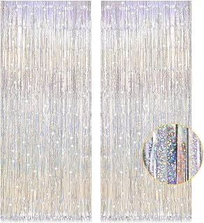 PIGETALE Glitter Silver Backdrop, 2 Pack 3.2 x 8.2 ft Fringe Curtains | Thicker 23 Micron PET with Brighter Laser Shine for Doors Walls and Party Photo Areas
