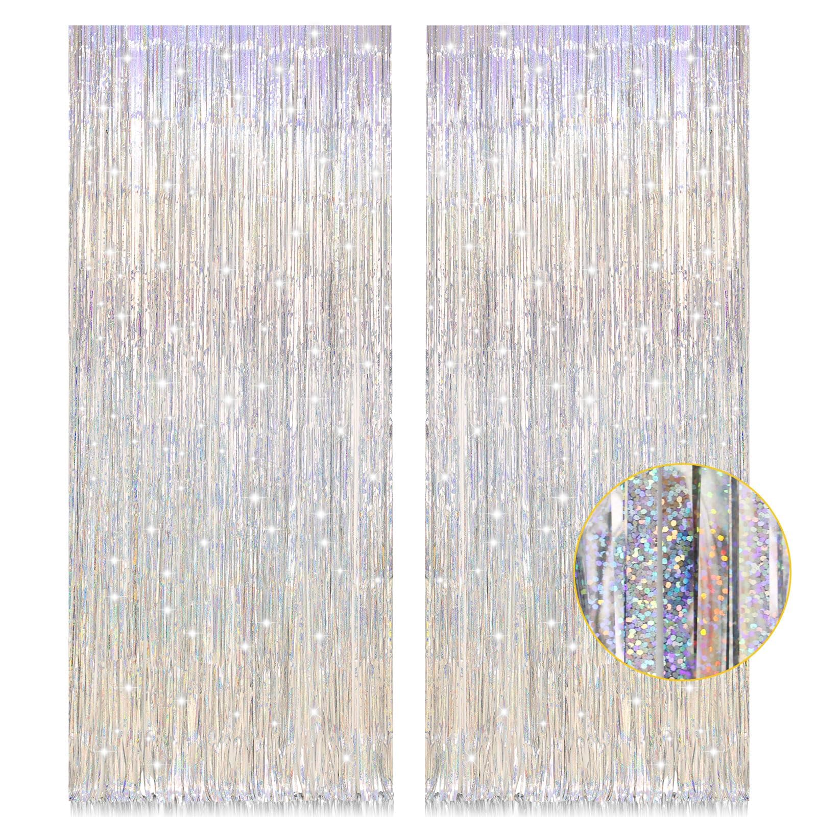 PIGETALE Glitter Silver Backdrop, 2 Pack 3.2 x 8.2 ft Fringe Curtains | Thicker 
