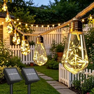 2 Pack Solar String Lights Outdoor Garden Solar Powered Festoon Light 11.2m | IP65 Waterproof, 8 Modes, 20 S14 Bulbs 200 LED Solar Garden Fairy Lights for Patio Yard Fence Party Gazebo Pergola Decor