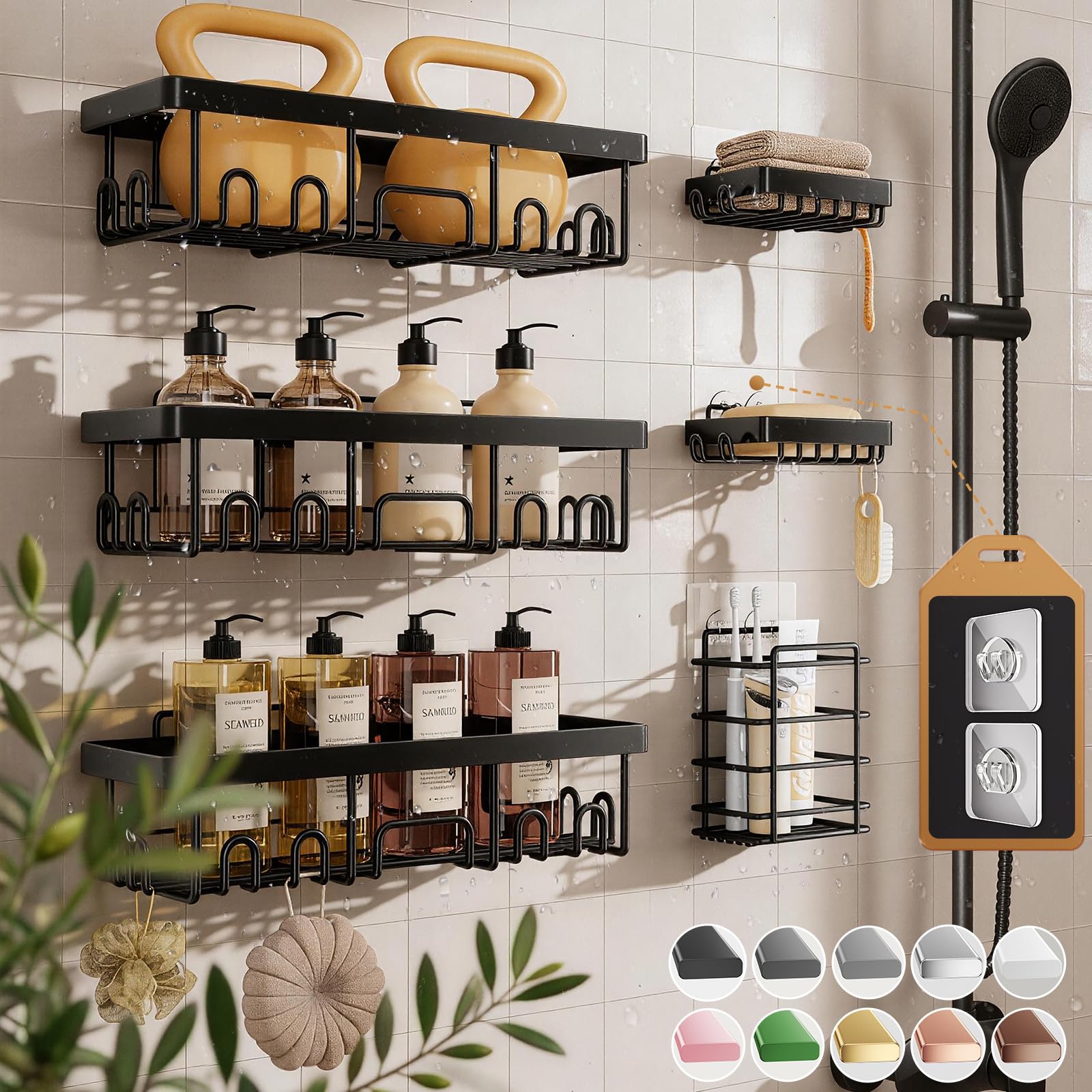 Veken Shower Caddy 6-Pack, Bathroom Organizers and Storage Shelves, Black | Adva