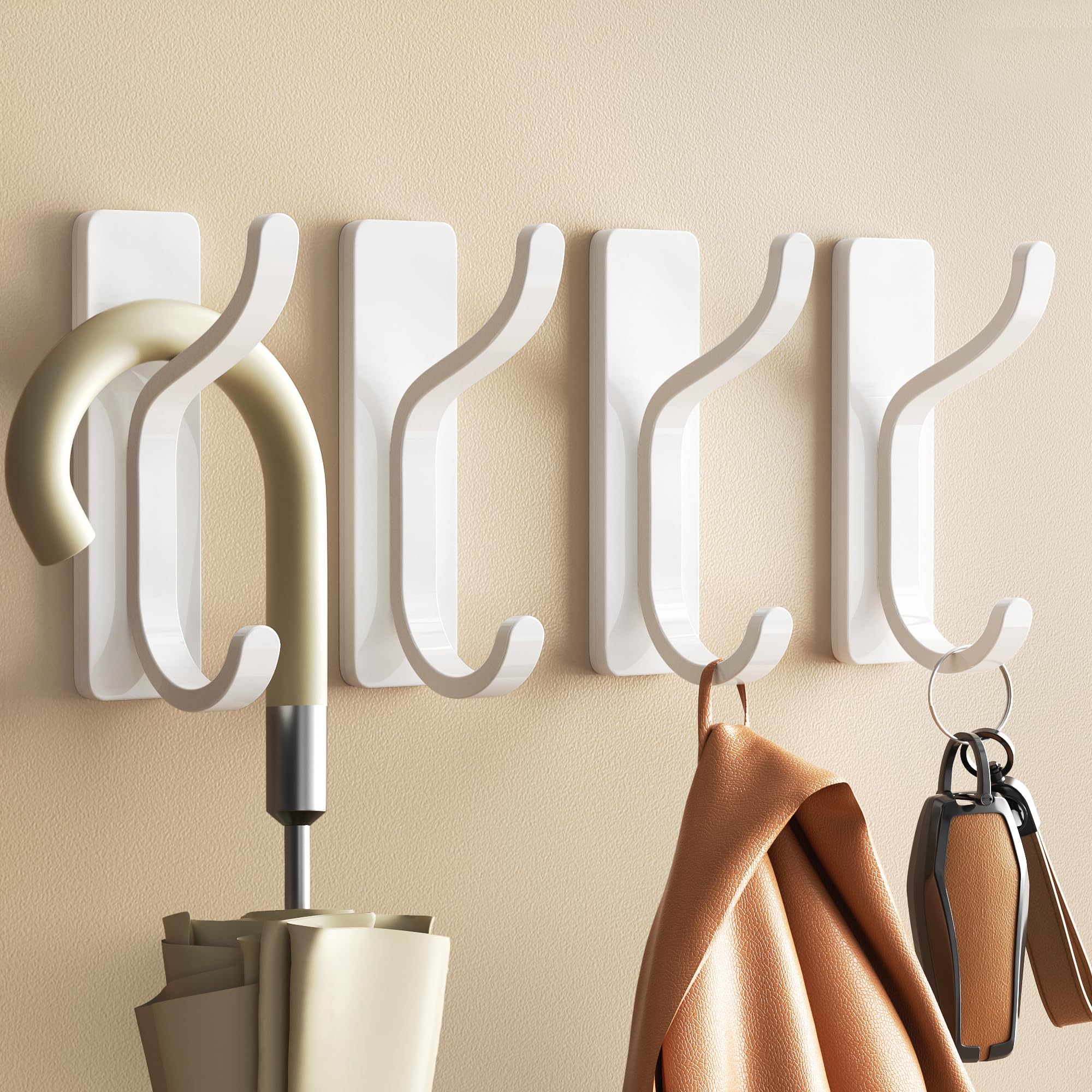 pickpiff Self Adhesive Hooks for Coat,8KG Stick-On Wall Hooks, White 4 Pack
