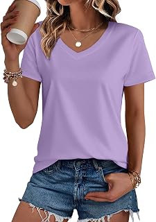 SMENG Womens V Neck Cotton T Shirt Short Sleeve Solid Color Casual Fit Breathable Summer Tops
