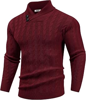 COOFANDY suéter de punto con cuello de chal para hombre, ajustado, casual, con botones - Rojo - Small