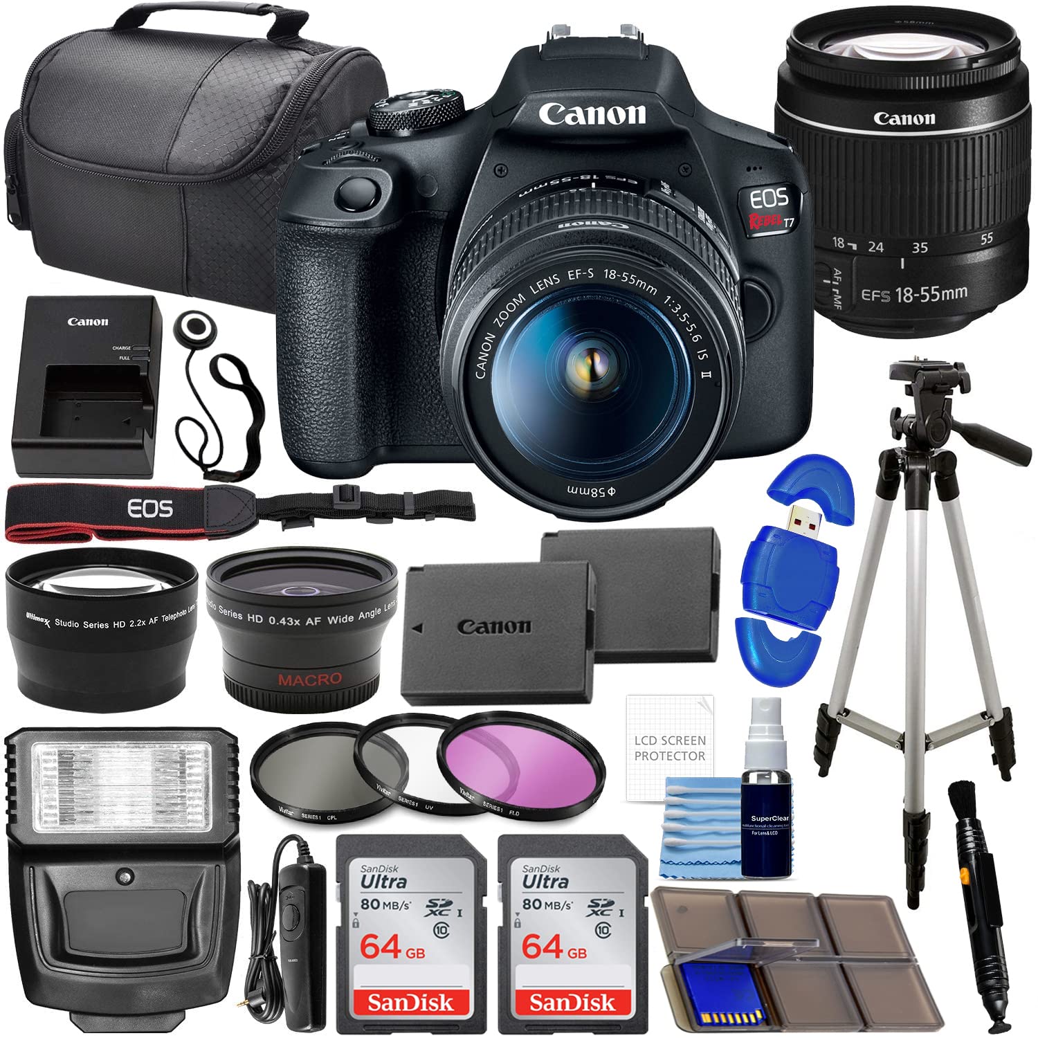 Canon EOS Rebel T7 DSLR Camera w/EF-S 18-55mm f/3.5-5.6 IS II Lens Bundle with 2