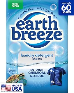 Earth Breeze Laundry Detergent Sheets Fresh Scent 60 Loads | Travel-Friendly for Hot & Cold Cycles, Tackles Tough Stains & Odors